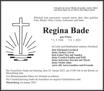 Traueranzeige von Regina Bade von Südthüringer Presse