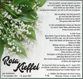 Traueranzeige von Rosa Kleffel von Südthüringer Presse