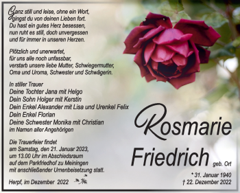 Traueranzeige von Rosemarie Friedrich von Südthüringer Presse