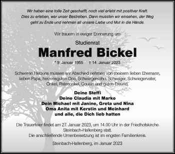 Traueranzeige von Manfred Bickel von Südthüringer Presse