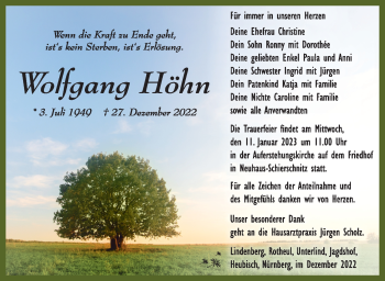 Traueranzeige von Wolfgang Höhn von Südthüringer Presse
