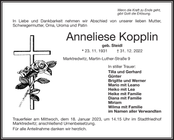 Traueranzeige von Anneliese Kopplin von Frankenpost
