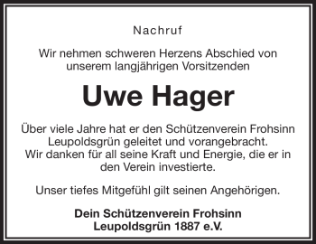 Traueranzeige von Uwe Hager von Frankenpost