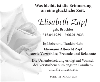 Traueranzeige von Elisabeth Zapf von Südthüringer Presse
