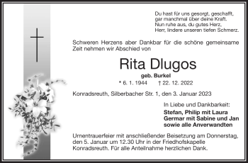 Traueranzeige von Rita Dlugos von Frankenpost