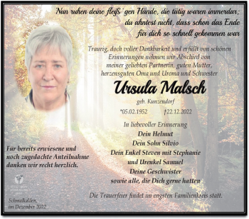 Traueranzeige von Ursula Malsch von Südthüringer Presse