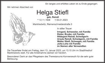 Traueranzeige von Helga Stiefl von Frankenpost