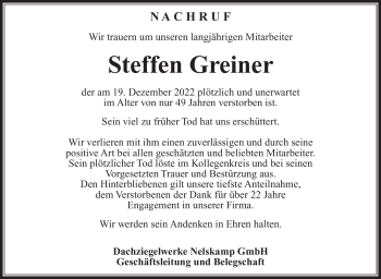 Traueranzeige von Steffen Greiner von Südthüringer Presse