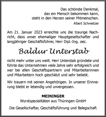 Traueranzeige von Baldur Unterstab von Südthüringer Presse