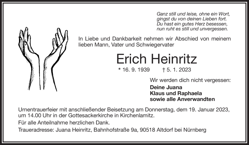  Traueranzeige für Erich Heinritz vom 14.01.2023 aus Frankenpost