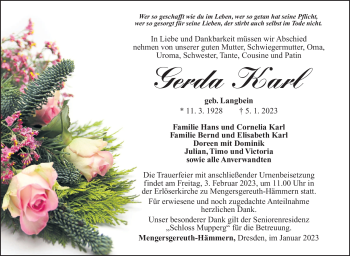Traueranzeige von Gerda Karl von Südthüringer Presse