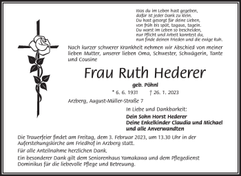 Traueranzeige von Ruth Hederer von Frankenpost