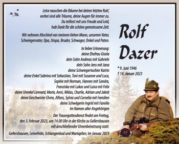 Traueranzeige von Rolf Dazer von Südthüringer Presse