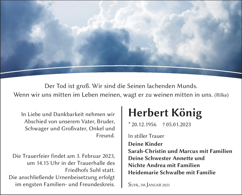  Traueranzeige für Herbert König vom 14.01.2023 aus Südthüringer Presse