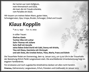 Traueranzeige von Klaus Kopplin von Südthüringer Presse
