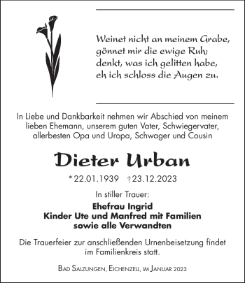 Traueranzeige von Dieter Urban von Südthüringer Presse