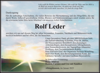 Traueranzeige von Rolf Leder von Südthüringer Presse