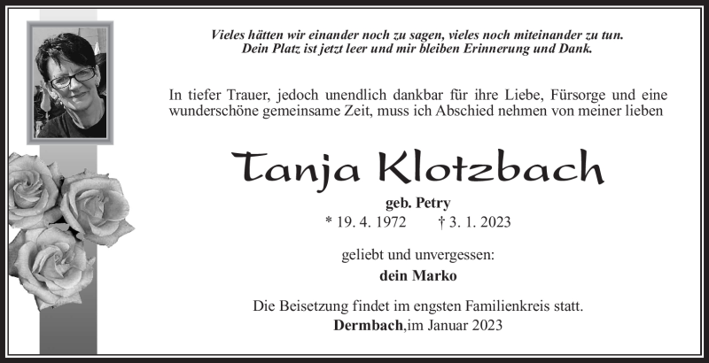  Traueranzeige für Tanja Klotzbach vom 10.01.2023 aus Südthüringer Presse