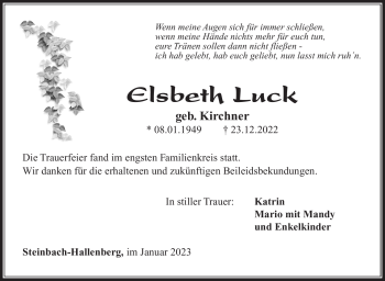 Traueranzeige von Elsbeth Luck von Südthüringer Presse