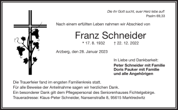 Traueranzeige von Franz Schneider von Frankenpost