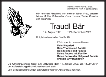 Traueranzeige von Traudl Bär von Frankenpost