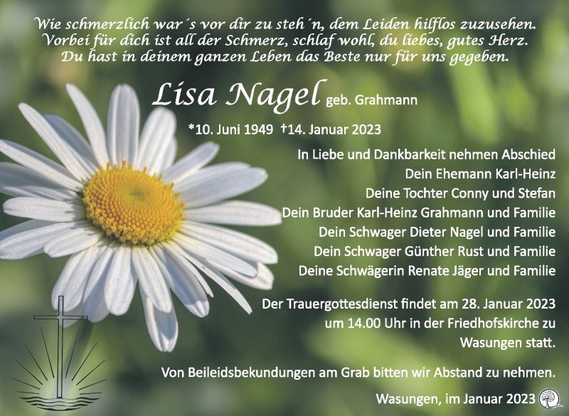 Traueranzeige für Lisa Nagel vom 21.01.2023 aus Südthüringer Presse