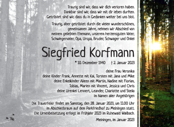Traueranzeige von Siegfried Korfmann von Südthüringer Presse
