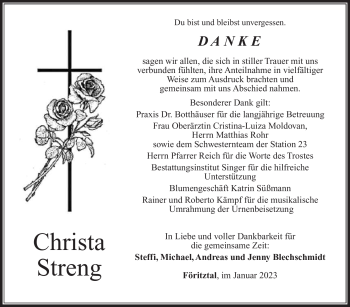 Traueranzeige von Christa Streng von Südthüringer Presse