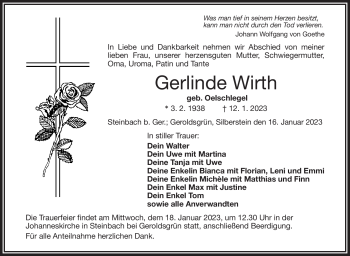 Traueranzeige von Gerlinde Wirth von Frankenpost