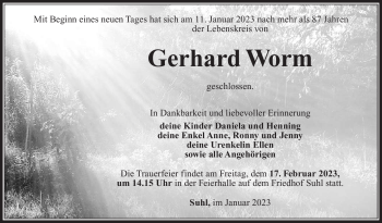 Traueranzeige von Gerhard Worm von Südthüringer Presse