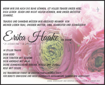 Traueranzeige von Erika Haake von Südthüringer Presse