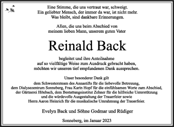 Traueranzeige von Reinald Back von Südthüringer Presse