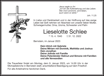 Traueranzeige von Lieselotte Schlee von Frankenpost