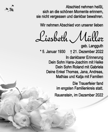 Traueranzeige von Liesbeth Müller von Südthüringer Presse