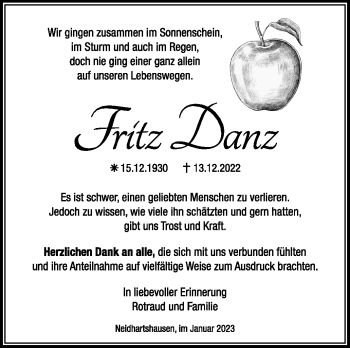 Traueranzeige von Fritz Danz von Südthüringer Presse