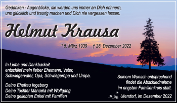 Traueranzeige von Helmut Krausa von Südthüringer Presse