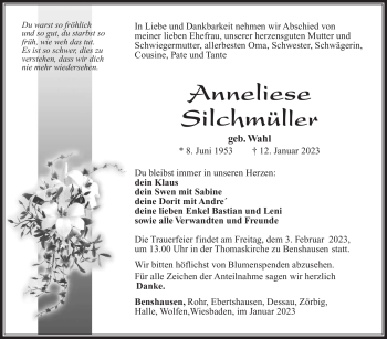 Traueranzeige von Anneliese Silchmüller von Südthüringer Presse