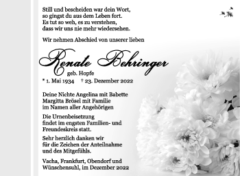 Traueranzeige von Renate Behringer von Südthüringer Presse
