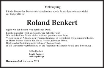 Traueranzeige von Roland Benkert von Südthüringer Presse