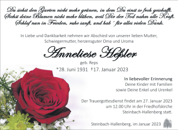 Traueranzeige von Anneliese Heßler von Südthüringer Presse