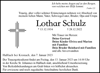 Traueranzeige von Lothar Schulz von Neue Presse Coburg