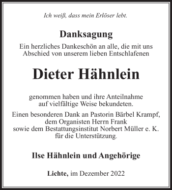 Traueranzeige von Dieter Hähnlein von Südthüringer Presse