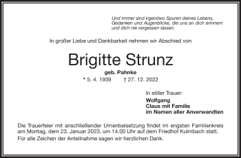 Traueranzeige von Brigitte Strunz von Neue Presse Coburg