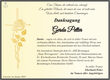 Traueranzeige von Gerda Petter von Südthüringer Presse