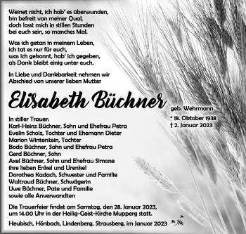 Traueranzeige von Elisabeth Büchner von Südthüringer Presse