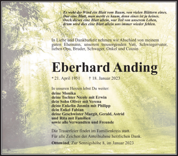 Traueranzeige von Eberhard Anding von Südthüringer Presse