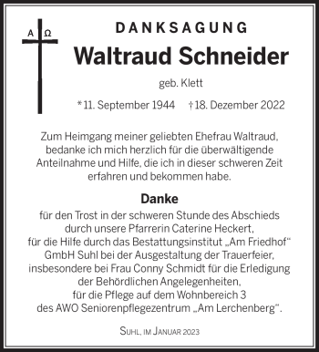 Traueranzeige von Waltraud Schneider von Südthüringer Presse