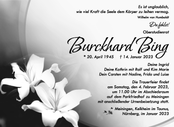Traueranzeige von Burckhard Bing von Südthüringer Presse