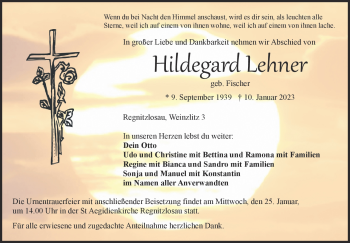 Traueranzeige von Hildegard Lehner von Frankenpost