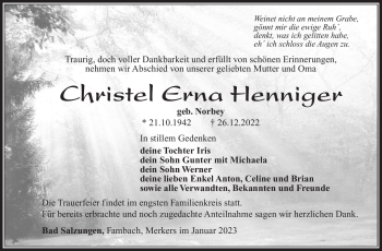 Traueranzeige von Christel Erna Henniger von Südthüringer Presse